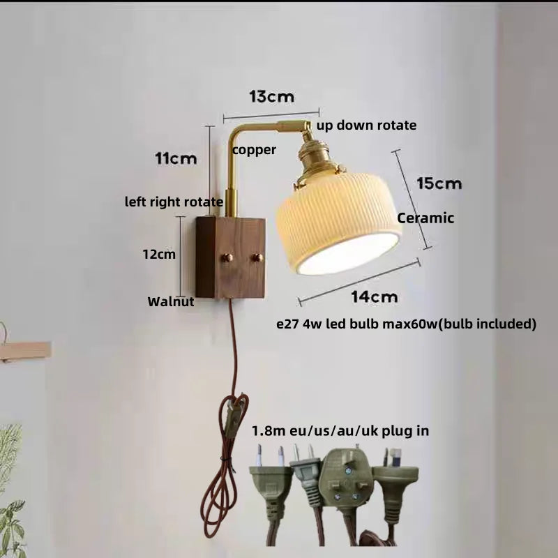 DecorBites™ Ceramic LED Wall Sconce with Walnut Wood Pull Chain Switch - Nordic Style