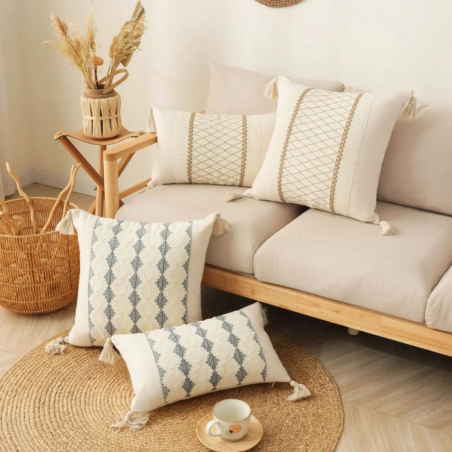 DecorBites™ Bohemian Tassel Cushion Cover: Handmade Geometric Crochet Pillowcases