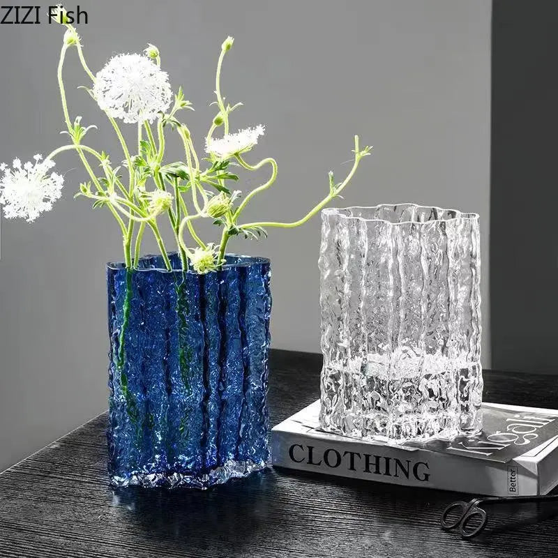DecorBites™ Clear Ice Vase for Hydroponic Flowers Desk Decor Bouquets Minimalist Floral Arrangement Modern Glass Pot