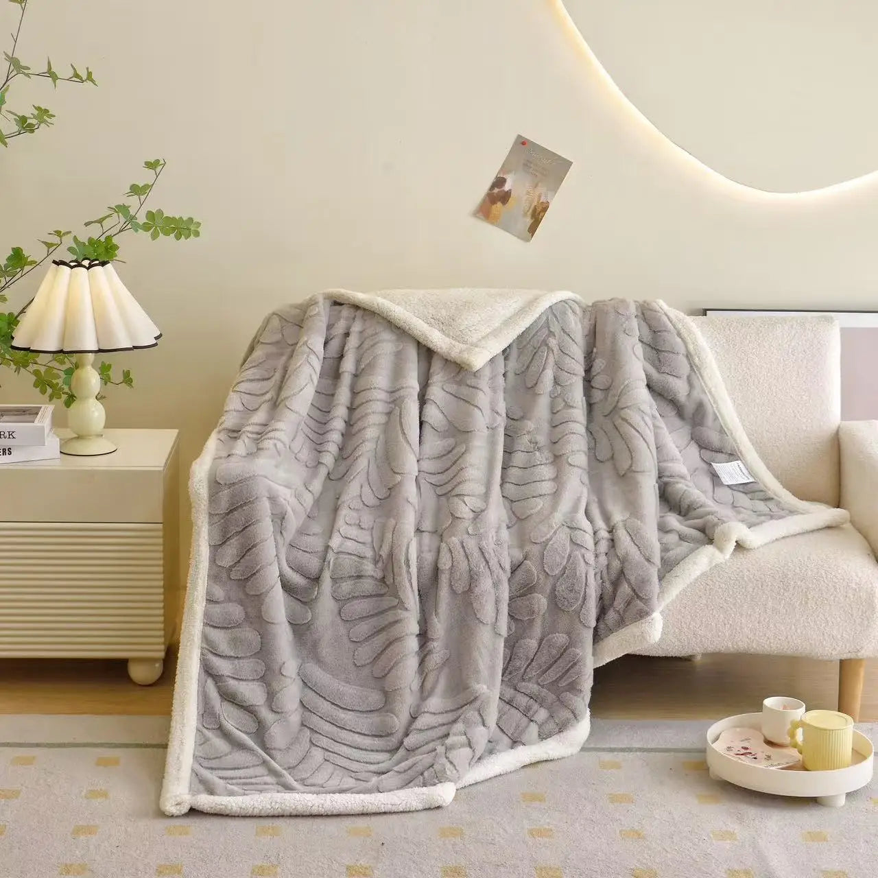 DecorBites™ Banana Leaf Jacquard Faux Rabbit Fur Double Layer Lamb Bedspread