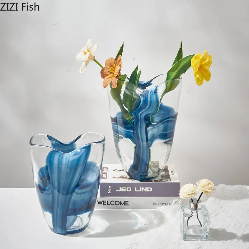 DecorBites™ Blue Striped Glass Vase for Plant Arrangement and Room Decor