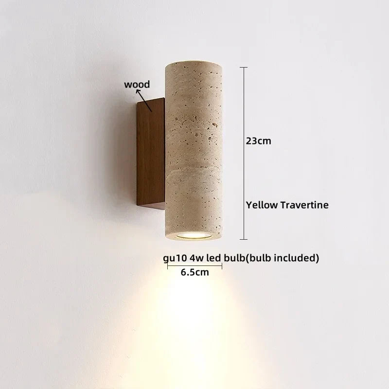 DecorBites™ LED Wall Sconce Yellow Travertine Stone Bedroom Study Cafe Wood Base Stair Light