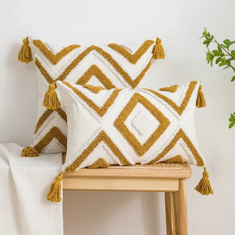 DecorBites™ Geometric Cotton Embroidered Pillow Case with Tufted Fringe, Decorative Sofa Cushion Cover
