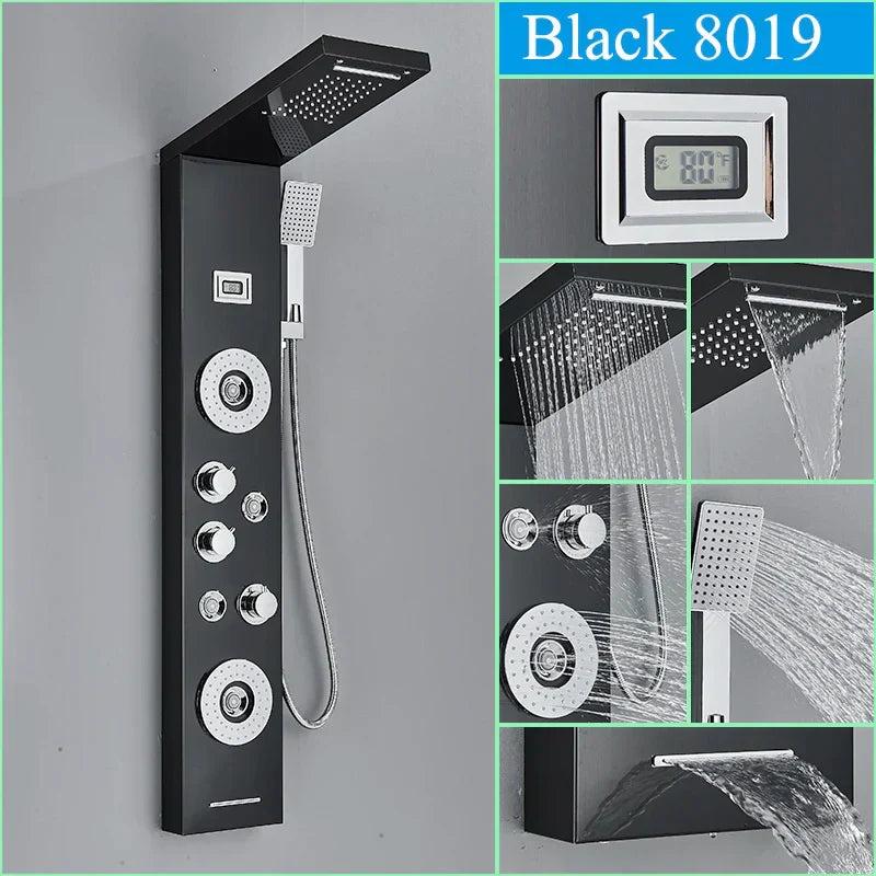 DecorBites™ Black Shower Panel Column Wall Mount Rainfall Waterfall Faucet Hot Cold Mixer Tap