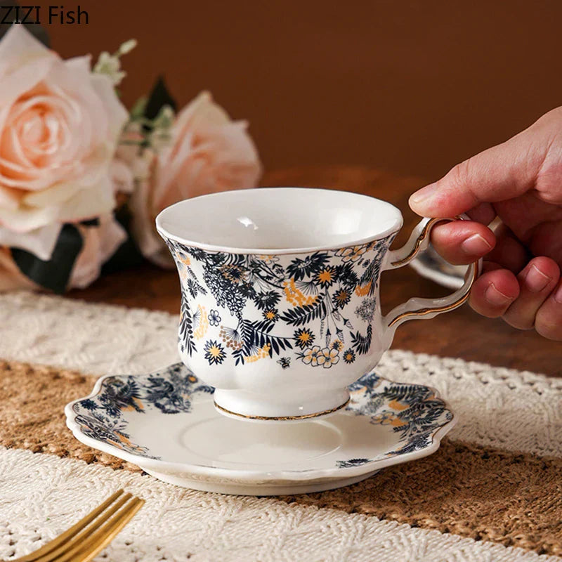 DecorBites™ Blue & White Porcelain Classic Coffee Mug Set Gold Rim Tea Cup Saucer