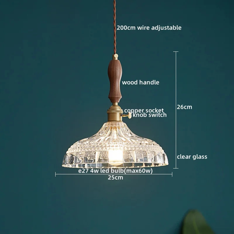 DecorBites™ LED Pendant Light Fixture Wood Handle Clear Glass Modern Hanging Lamp