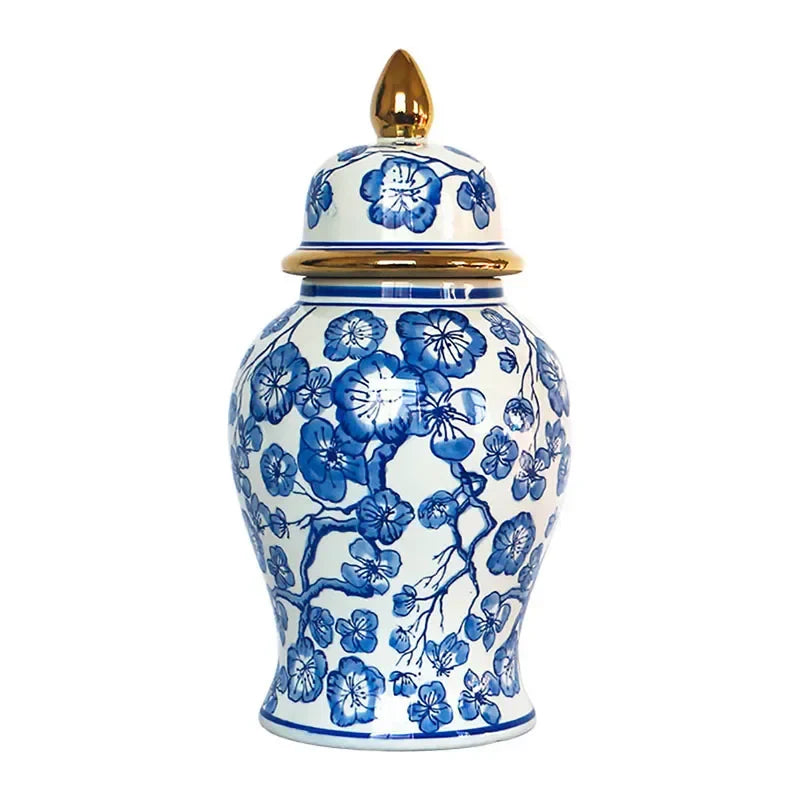 DecorBites™ Blue & White Porcelain Ginger Jar: Retro Tea Caddy Vase Desk Decoration