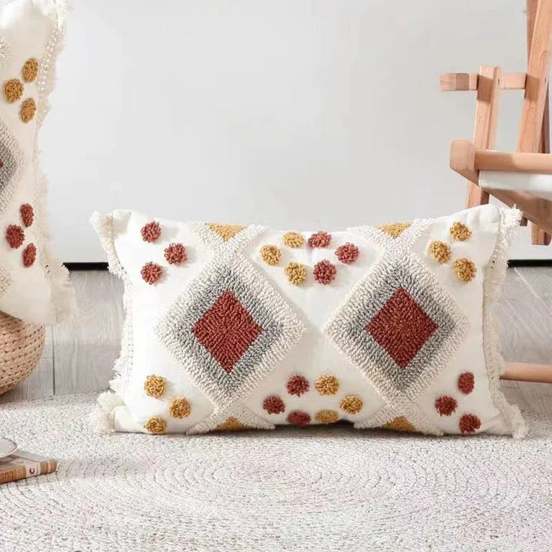 DecorBites™ Boho Ivory Brown Tufted Lace Pillow Cover 50x30/45x45cm for Living Room/Sofa