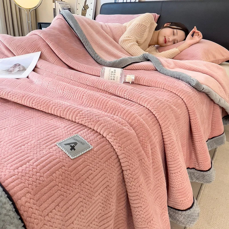 DecorBites™ Cozy Jacquard Plush Blanket - Soft Coral Fleece - All-Season - European Solid Stripes