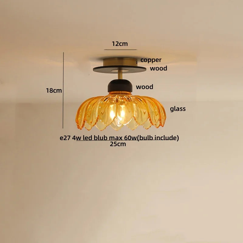 DecorBites™ Wood Copper LED Ceiling Light Amber Glass Plafond Lamp