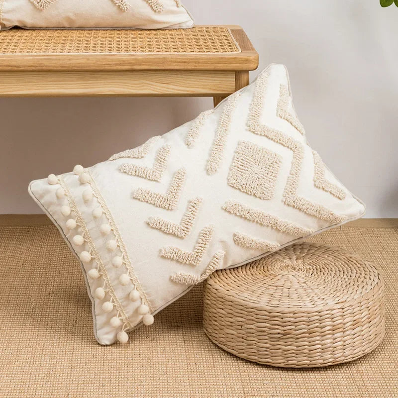 DecorBites™ Geometric Embroidery Tassel Cushion Cover - Grey White Simple Loop Tufted Pillow