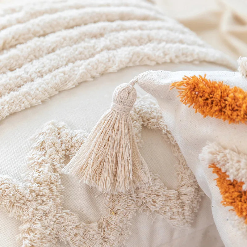 DecorBites™ Boho Square Pillowcase with Embroidery & Tassel Detail for Living Room Sofa
