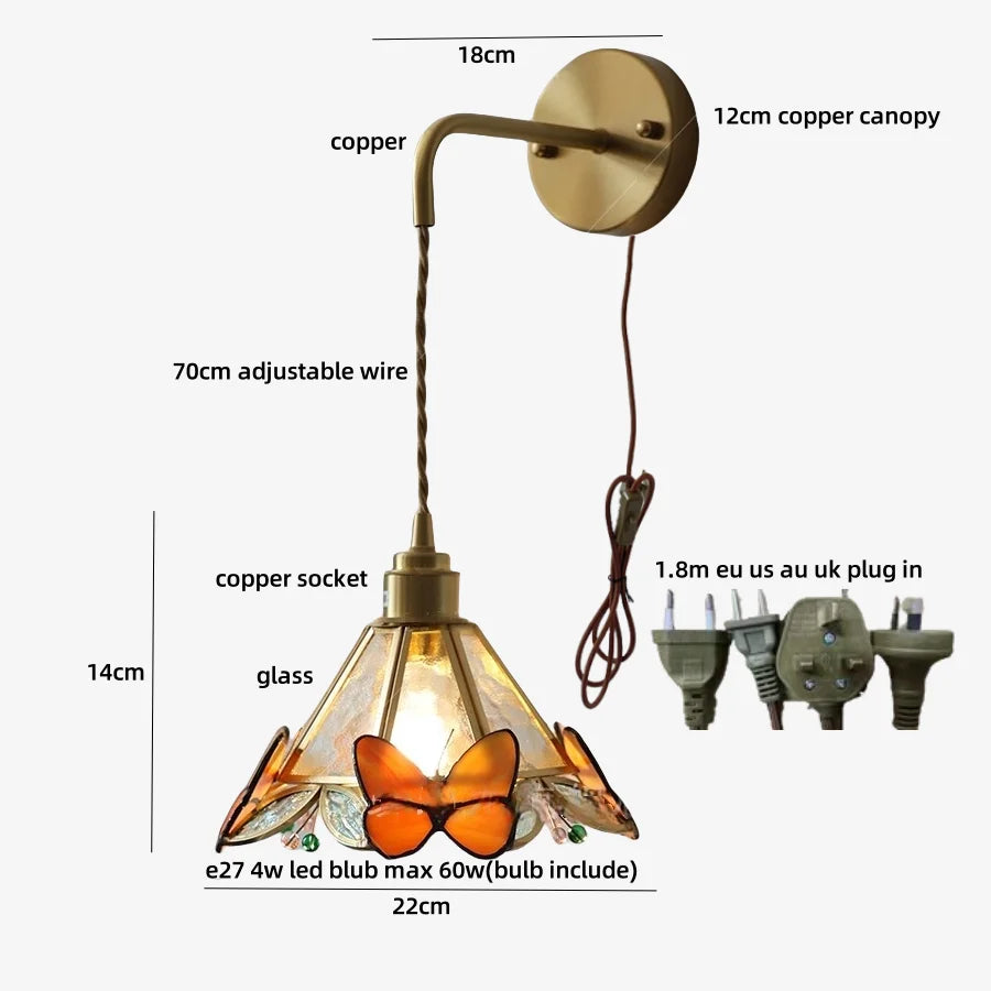 DecorBites™ Butterfly Glass Wall Light Fixture LED Wire Adjustable Lamp