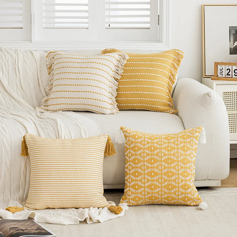 DecorBites™ Geometric Tufted Cushion Cover with Crochet Tassels - Nordic Yellow Striped Pillow Cover