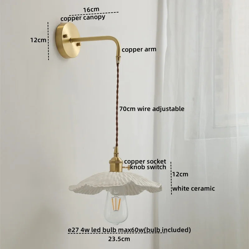 DecorBites™ Copper Ceramic LED Wall Light Pull Chain Switch Modern Bedroom Lamp