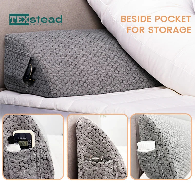 DecorBites™ Bed Wedge Pillow Memory Foam Mattress Gap Filler with 2 Large Side Pockets