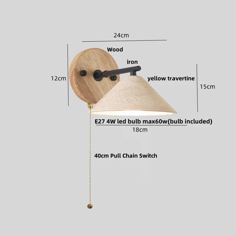 DecorBites™ Iron Yellow Travertine Wall Lights, Pull Chain Switch, LED Sconce for Bedroom, Bathroom.