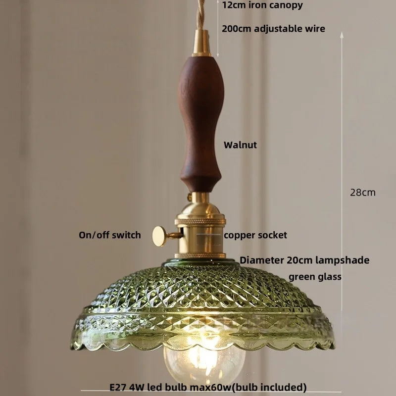 DecorBites™ LED Pendant Lights Green Glass Copper Socket with Walnut Wood - Nordic Modern
