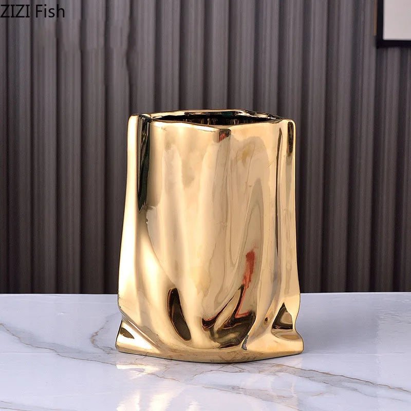 DecorBites™ Gold Plated Pleated Texture Ceramic Vase for Desk Decor and Flower Arrangements