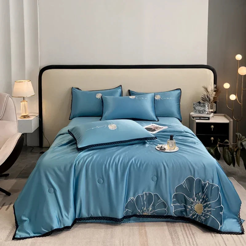 DecorBites™ Luxe Flower Embroidered Cool Quilt Set - Lightweight, Silky, High-End Comfort