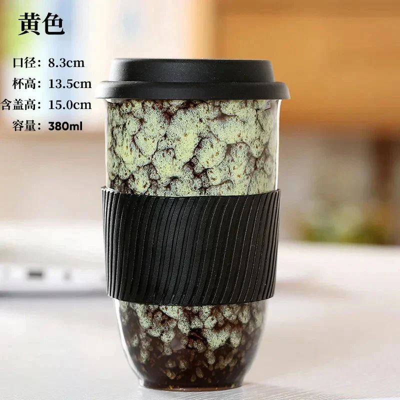 DecorBites™ Ceramic Kiln Mug with Lid - Portable Couple Pottery Coffee Tea Cup