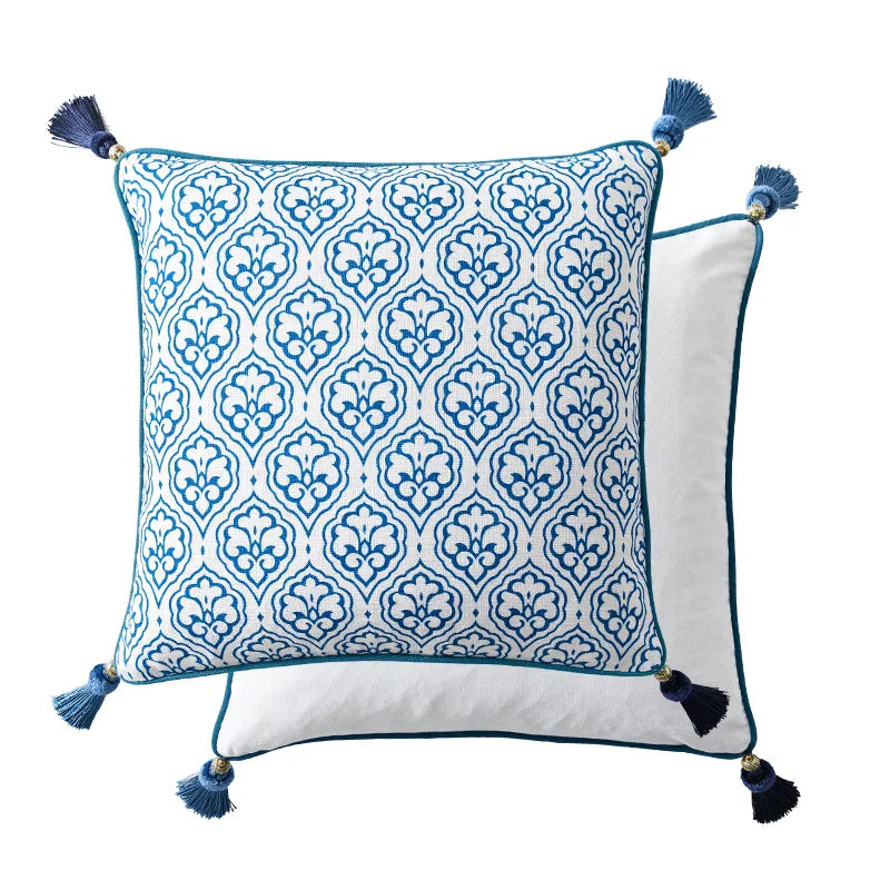 DecorBites™ Chinoiserie Style Blue White Porcelain Birds Floral Lumbar Pillow Case