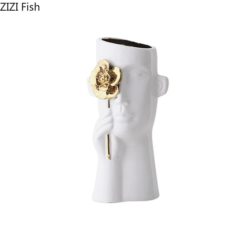 DecorBites™ Gold Rose Relief Ceramic Vase, Elegant Desk Floral Vase for Room Decor
