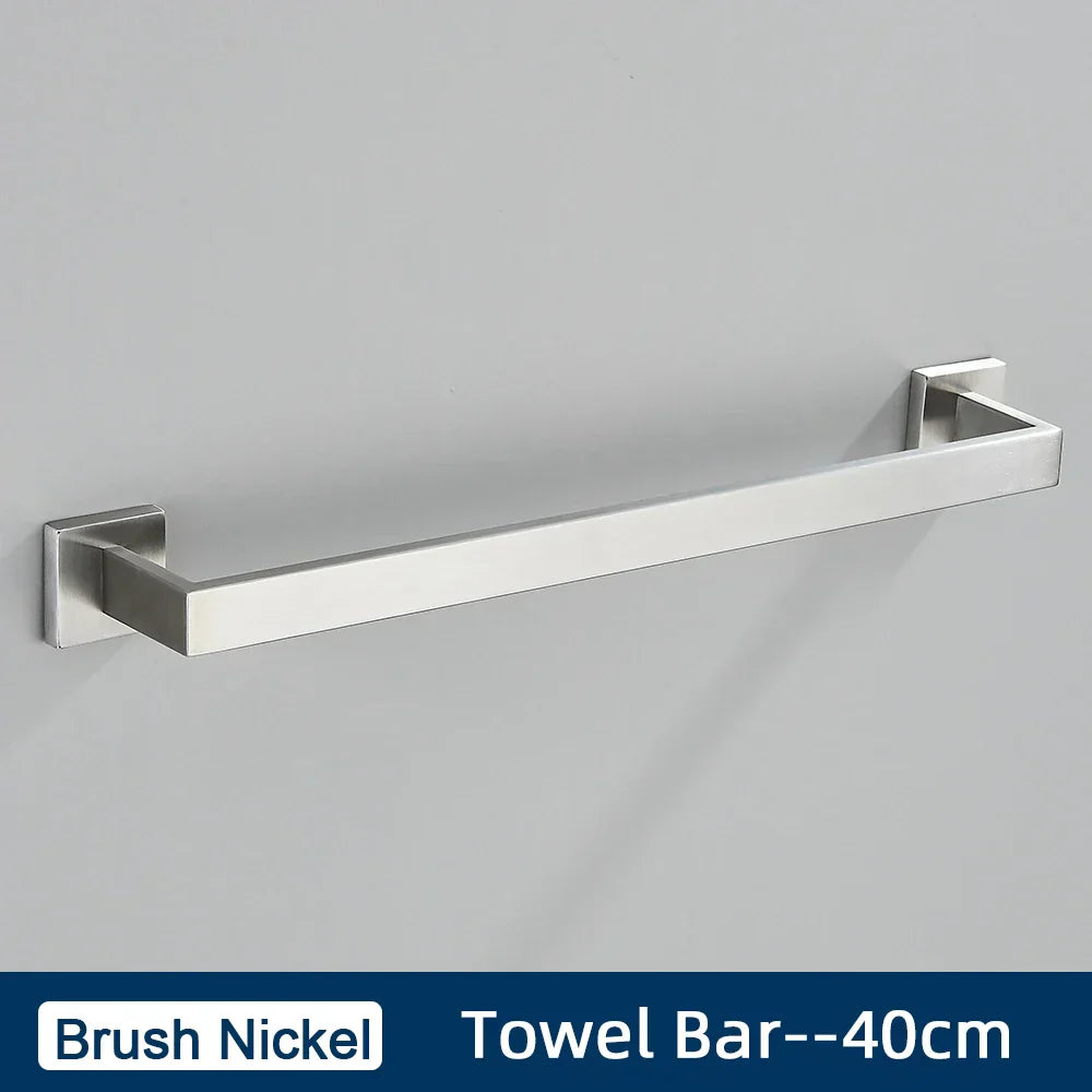 DecorBites™ Black Stainless Steel Bathroom Accessories Set: Towel Bar, Paper Holder, Hook & Bath Rack