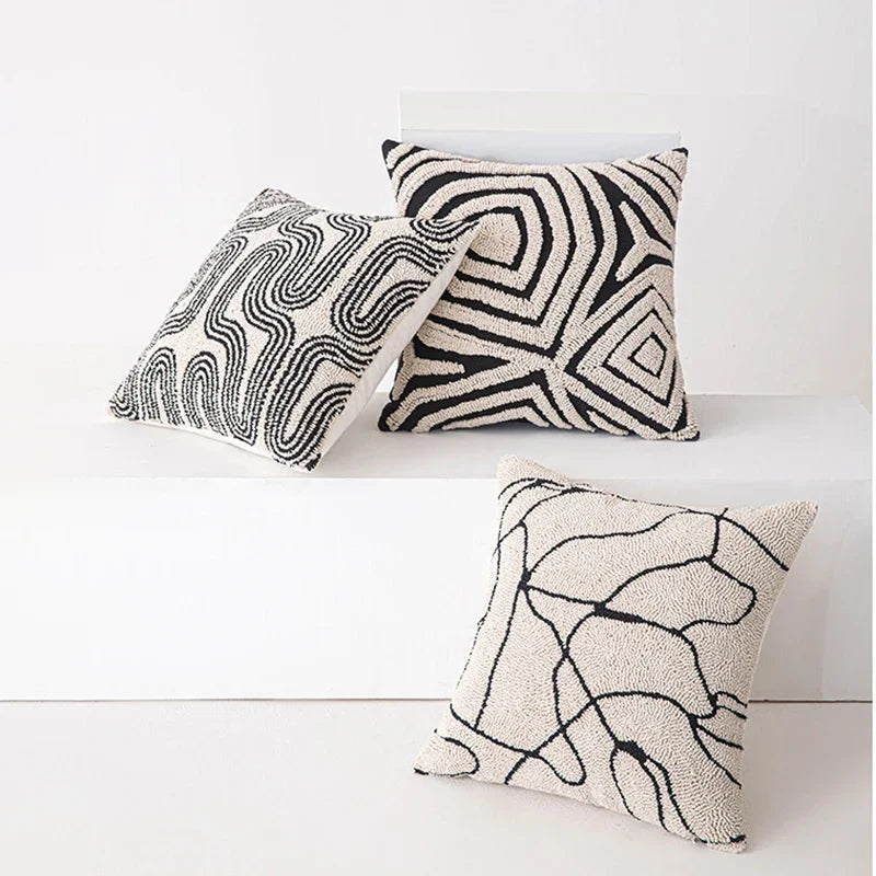 DecorBites™ Geometric Embroidered Cushion Cover in Modern Beige and Black