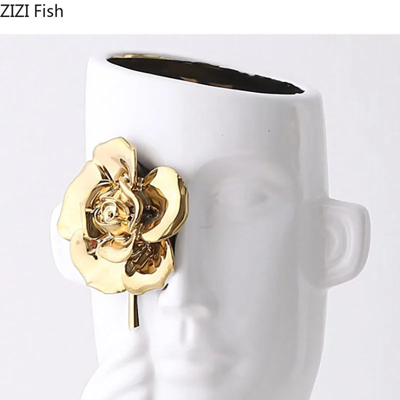 DecorBites™ Gold Rose Relief Ceramic Vase, Elegant Desk Floral Vase for Room Decor