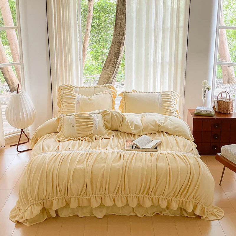 DecorBites™ French Pleat Lace Ruffles Bedding Set, Velvet Fleece Duvet Cover, Embroidered Flowers