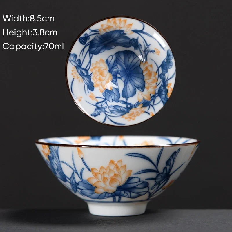 DecorBites™ Blue & White Ceramic Kung Fu Tea Cup - Japanese Style Porcelain Sake Cups