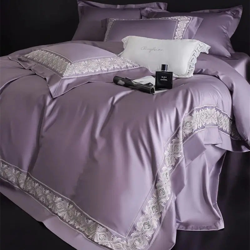 DecorBites™ 1200TC Egyptian Cotton Lace Embroidery Bedding Set: 1 Duvet, 1 Sheet, 2 Pillowcases