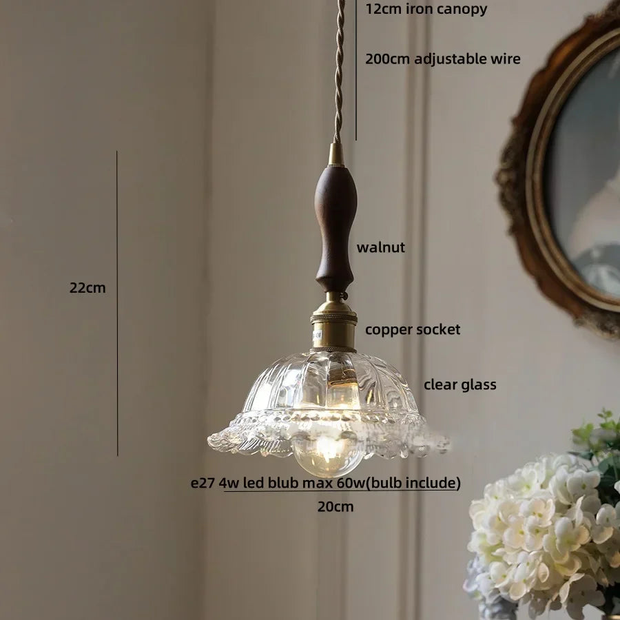 DecorBites™ LED Walnut Wood Pendant Light Clear Glass Copper Switch Decor