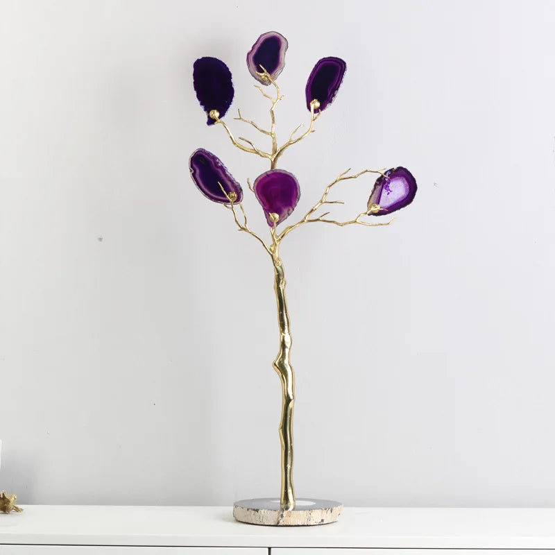 DecorBites™ Agate Tree Metal Handicraft: Golden Tree with Natural Agate Tablets