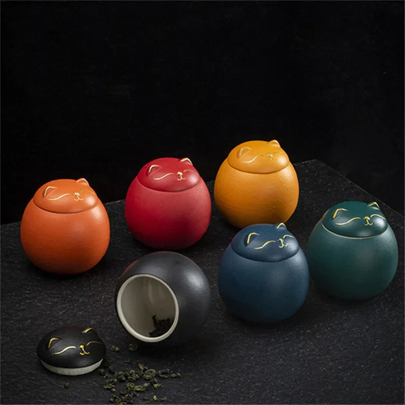 DecorBites™ Lucky Cat Tea Storage Jar: Cute Ceramic Can for Household Tea and Candy Storage