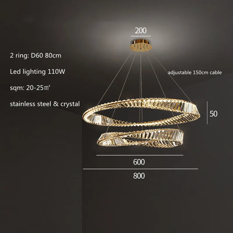 DecorBites™ Gold Steel Rings Crystal Pendant Light