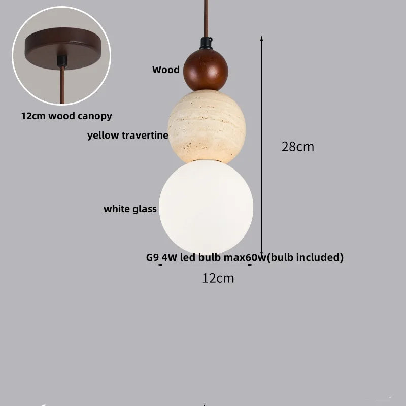 DecorBites™ LED Pendant Light: Modern Nordic Wood Canopy Yellow Travertine Luminaire