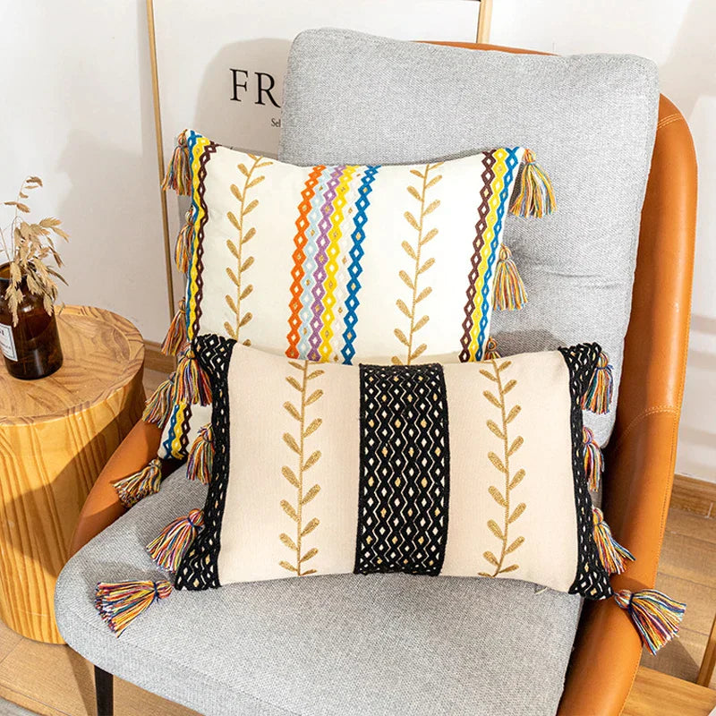 DecorBites™ Bohemian Cotton Embroidery Cushion Cover with Tassel for Home Decoration