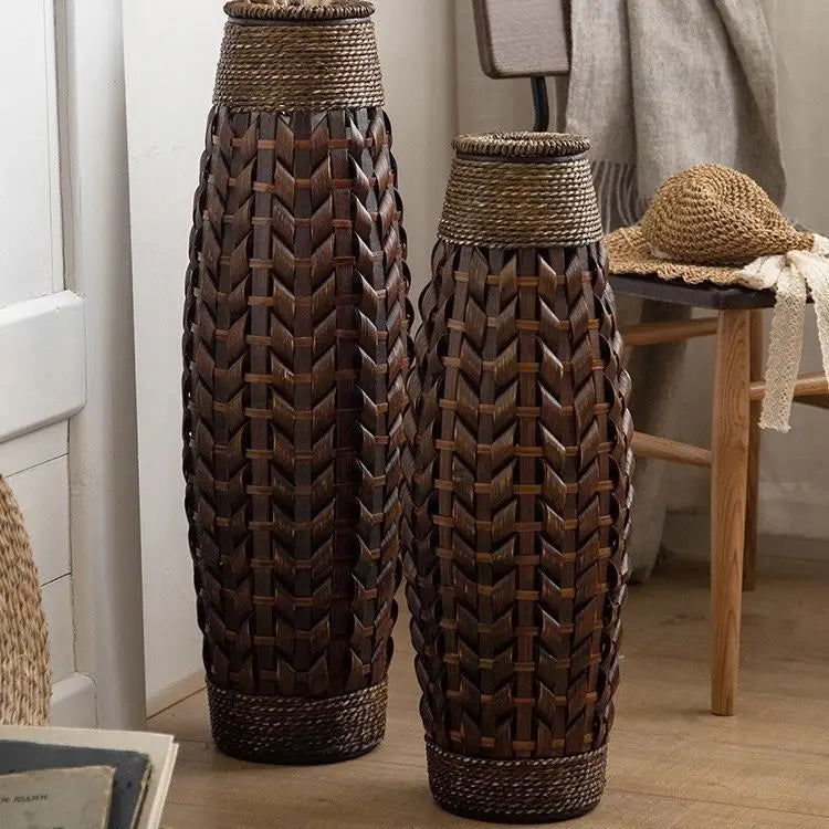 DecorBites™ Bamboo Woven Vase Rattan Flower Glass Arrangement Dried Flower Basket Living Room Decor
