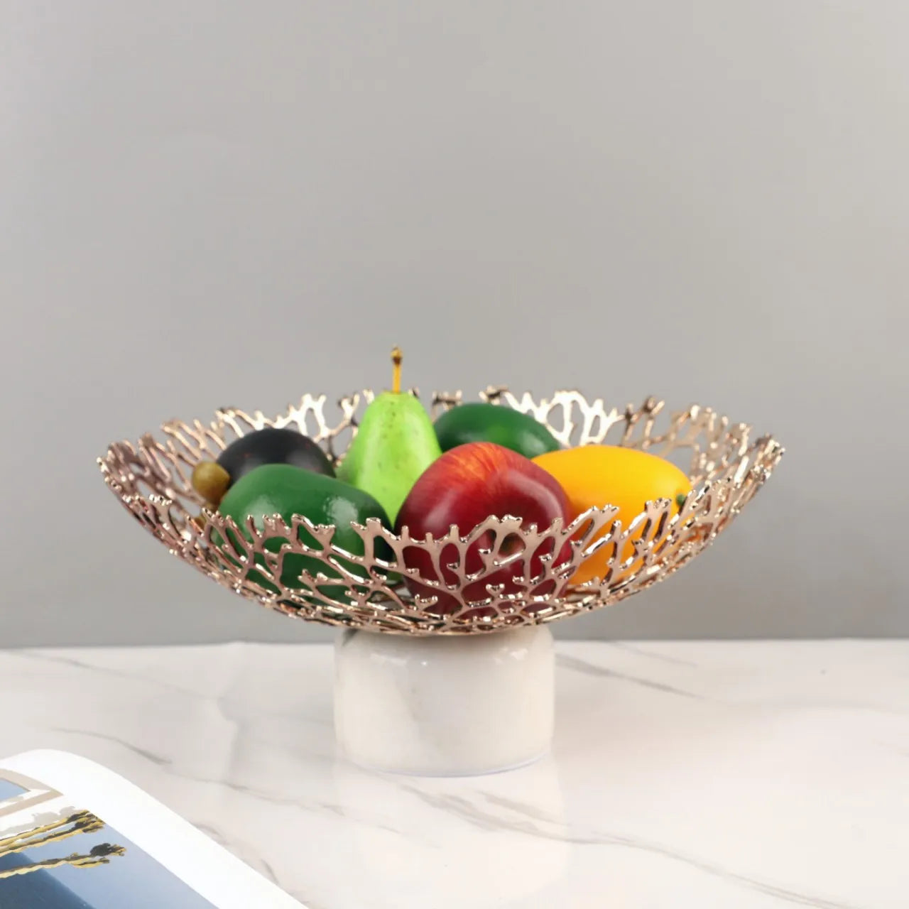 DecorBites™ Coral Disc Pedestal | Metal Tray Marble Base Fruit Plate Gold Compote