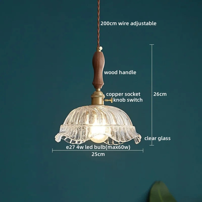 DecorBites™ LED Pendant Light Fixture Wood Handle Clear Glass Modern Hanging Lamp