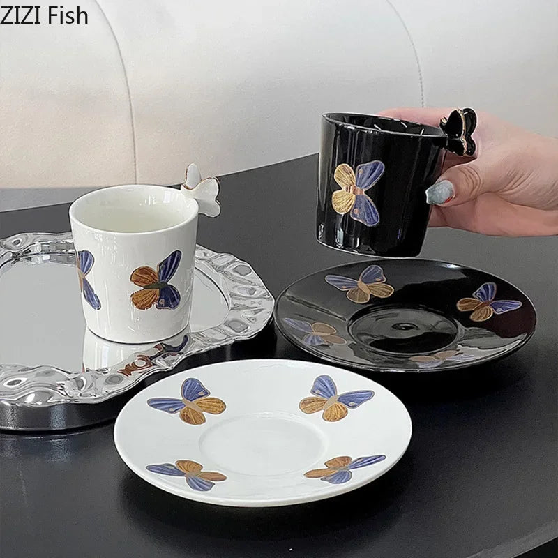 DecorBites™ Butterfly Pattern Ceramic Cup & Saucer Set for Dining Table and Coffee