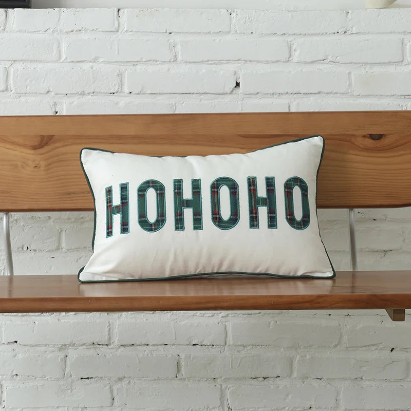DecorBites™ Christmas Plaid Cotton Cushion Cover with Letter Snowflake Embroidery