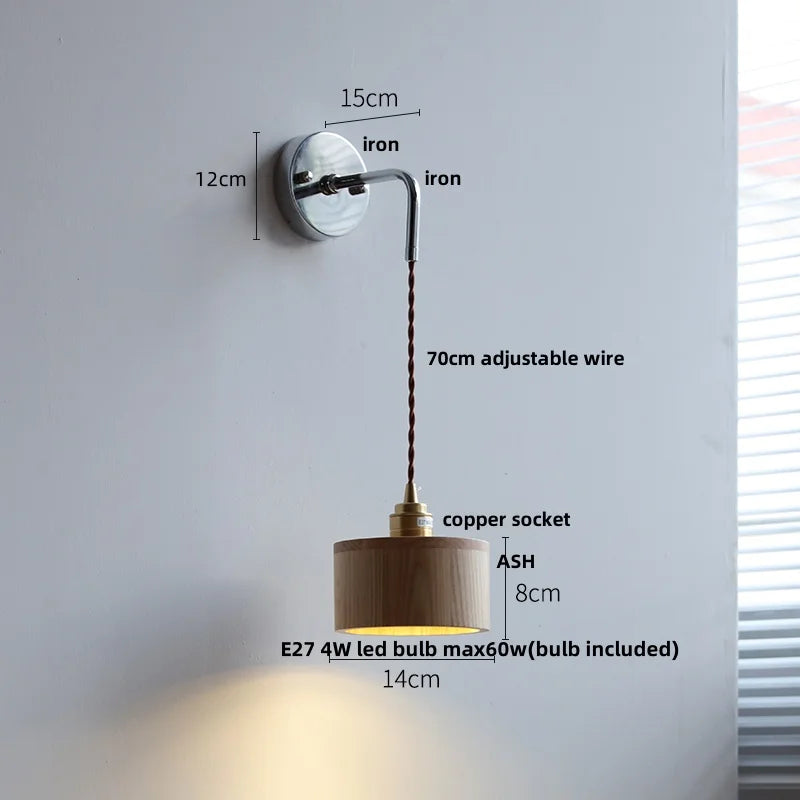 DecorBites™ Ash Wood LED Wall Light with Pull Chain Switch – Japanese Style Bedside Lamp