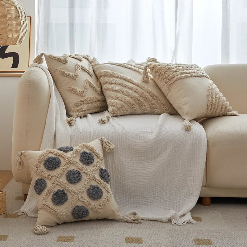 DecorBites™ Geometric Tufted Tassel Cushion Cover Cotton Canvas Fall Pillow Cover