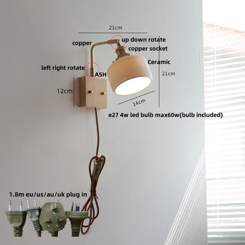 DecorBites™ Ceramic LED Wall Light Fixture White Copper Walnut Ash Bedside Lamp