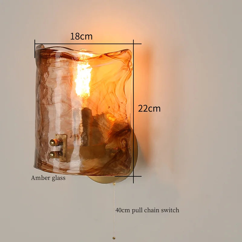 DecorBites™ Amber Glass LED Wall Lamp for Bedroom Minimalistic Copper Lighting