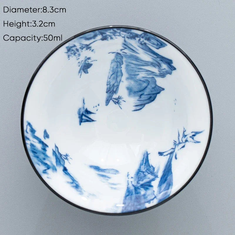 DecorBites™ Blue & White Ceramic Kung Fu Tea Cup, Japanese Style Porcelain Sake Espresso Mug