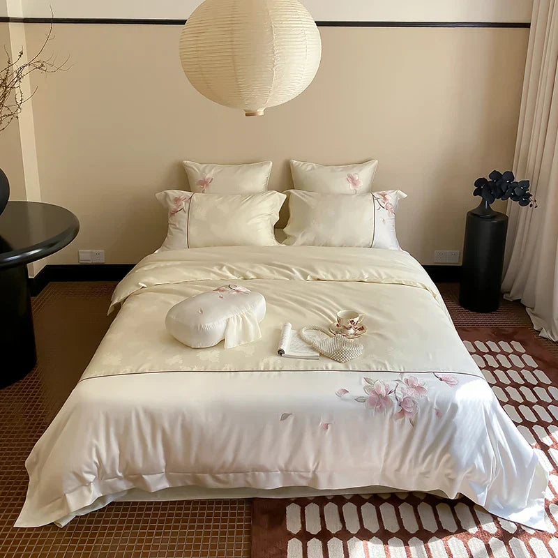 DecorBites™ Chinese Floral Embroidery Lyocell Cotton Bedding Set with Silky Softness